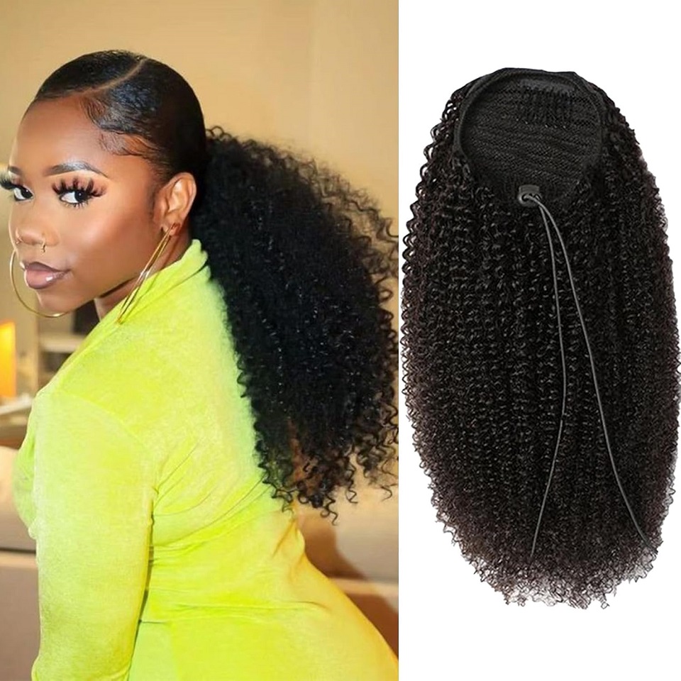 Seamless Clip In Hair Extensions Human Hair - 24~26인치 길이의 아프로 곱슬머리 드로스트링 포니테일