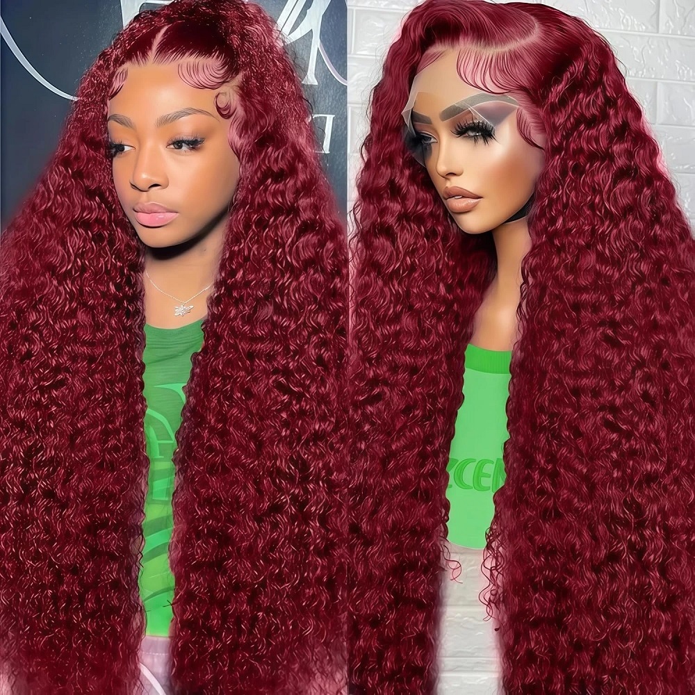 Lace Front Wigs - 99J 버건디 컬러 딥 웨이브 200%