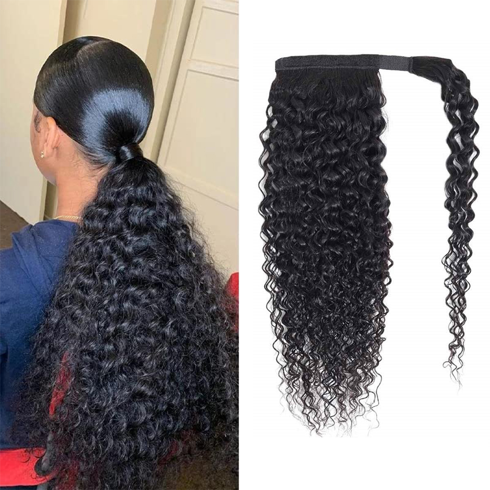 Seamless Clip In Hair Extensions Human Hair - 곱슬곱슬한 인모 포니테일 랩 어라운드 붙임머리